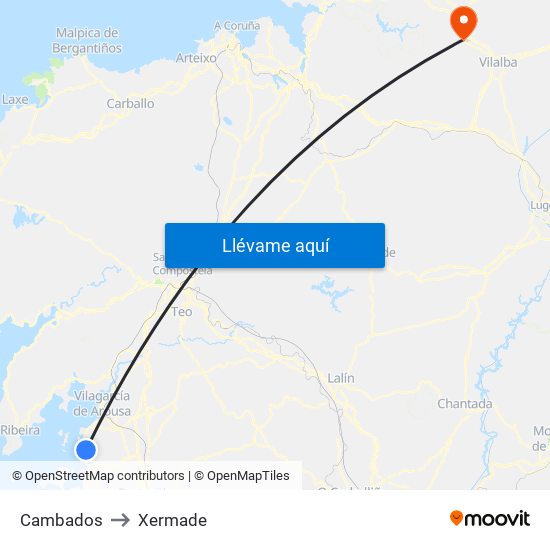 Cambados to Xermade map
