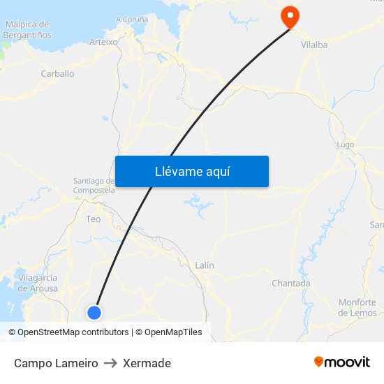 Campo Lameiro to Xermade map