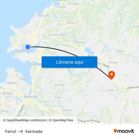 Ferrol to Xermade map