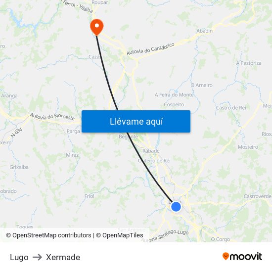 Lugo to Xermade map