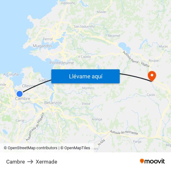 Cambre to Xermade map