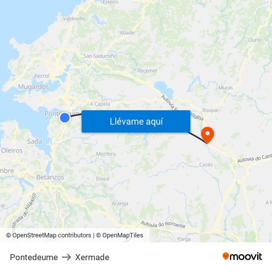 Pontedeume to Xermade map