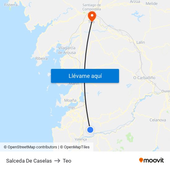 Salceda De Caselas to Teo map