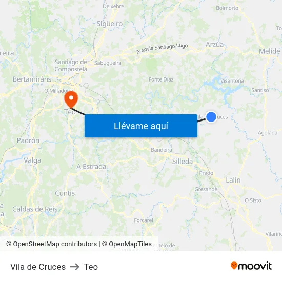 Vila de Cruces to Teo map