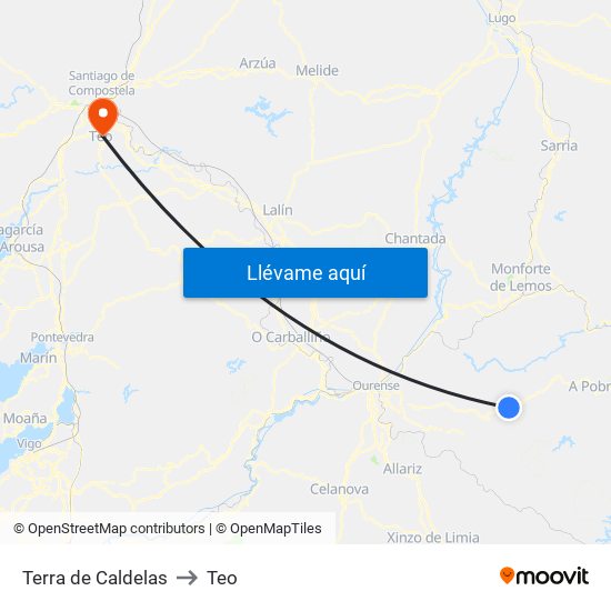 Terra de Caldelas to Teo map