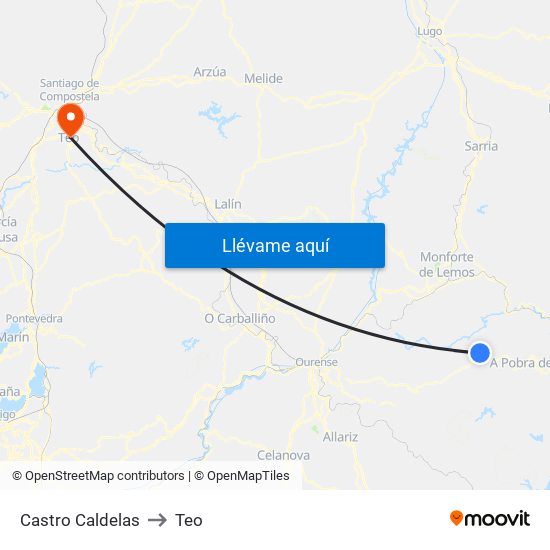 Castro Caldelas to Teo map