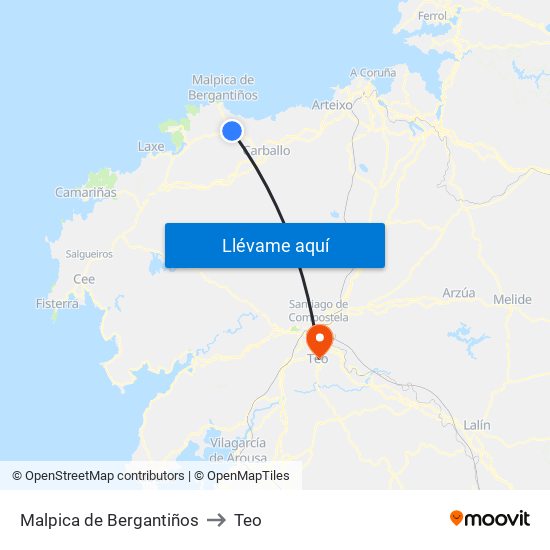 Malpica de Bergantiños to Teo map