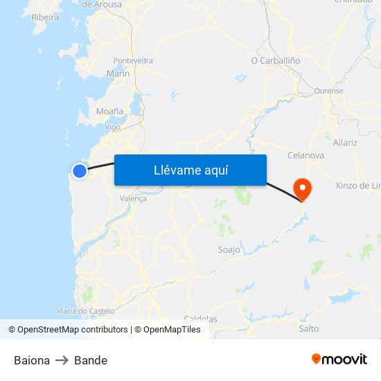 Baiona to Bande map