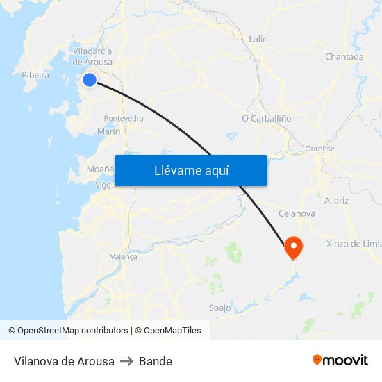 Vilanova de Arousa to Bande map