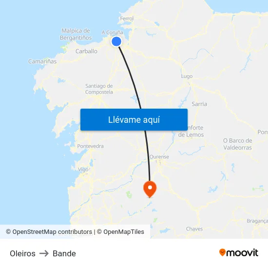 Oleiros to Bande map