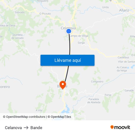 Celanova to Bande map