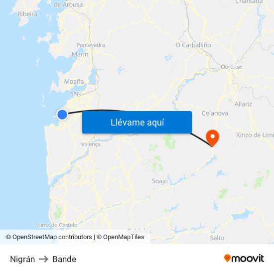 Nigrán to Bande map