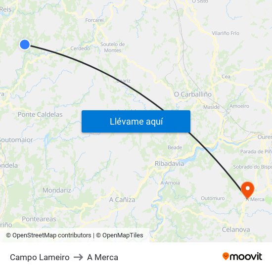 Campo Lameiro to A Merca map