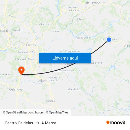 Castro Caldelas to A Merca map