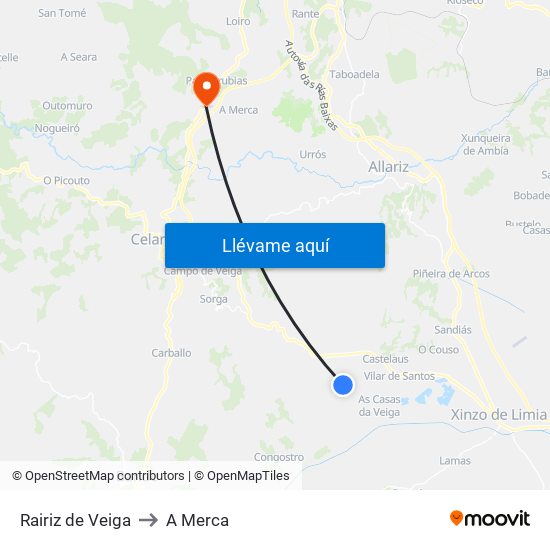 Rairiz de Veiga to A Merca map