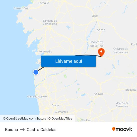 Baiona to Castro Caldelas map