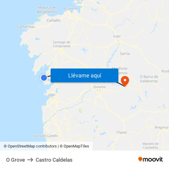 O Grove to Castro Caldelas map