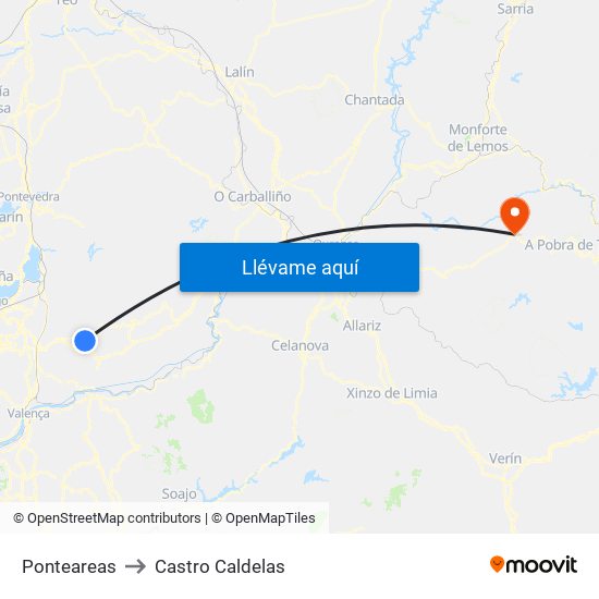 Ponteareas to Castro Caldelas map
