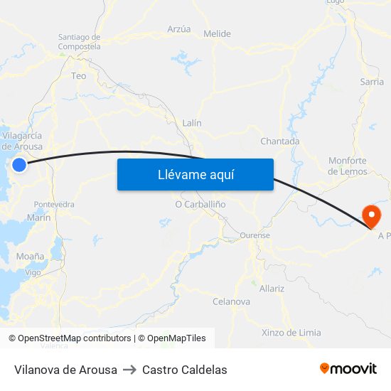 Vilanova de Arousa to Castro Caldelas map