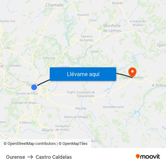 Ourense to Castro Caldelas map