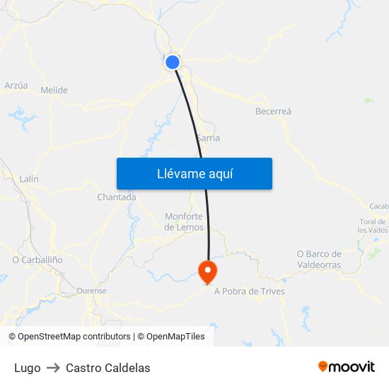 Lugo to Castro Caldelas map
