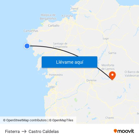 Fisterra to Castro Caldelas map