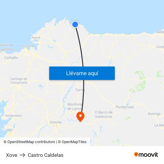 Xove to Castro Caldelas map