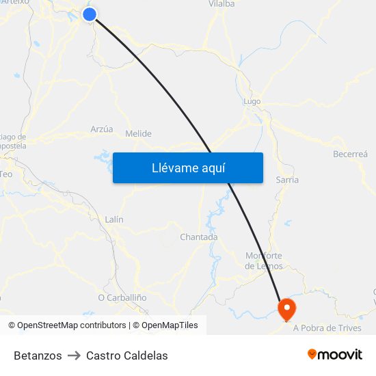 Betanzos to Castro Caldelas map