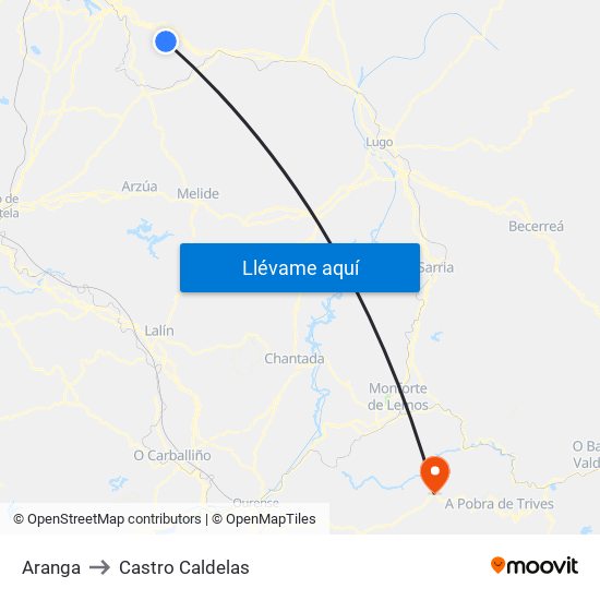 Aranga to Castro Caldelas map