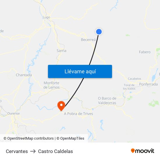 Cervantes to Castro Caldelas map