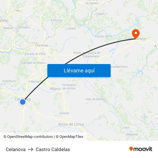 Celanova to Castro Caldelas map