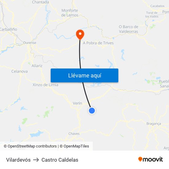 Vilardevós to Castro Caldelas map