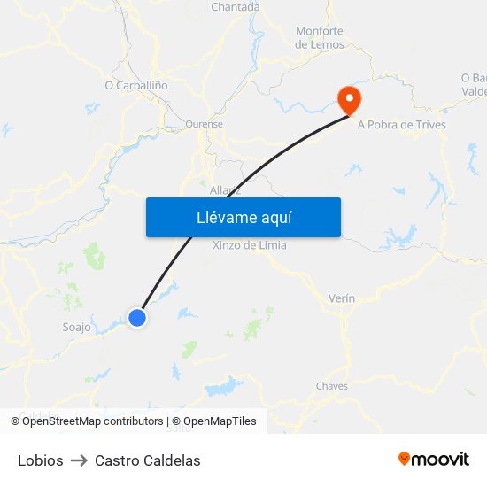 Lobios to Castro Caldelas map