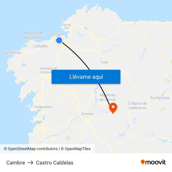 Cambre to Castro Caldelas map