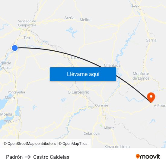 Padrón to Castro Caldelas map