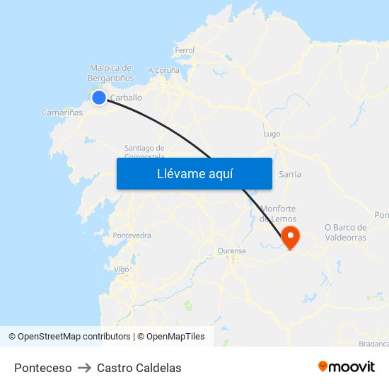 Ponteceso to Castro Caldelas map