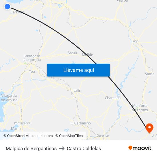 Malpica de Bergantiños to Castro Caldelas map