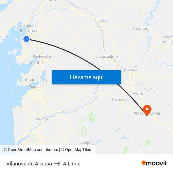 Vilanova de Arousa to A Limia map