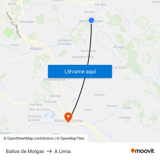 Baños de Molgas to A Limia map