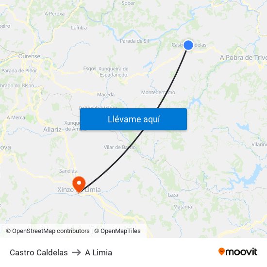 Castro Caldelas to A Limia map