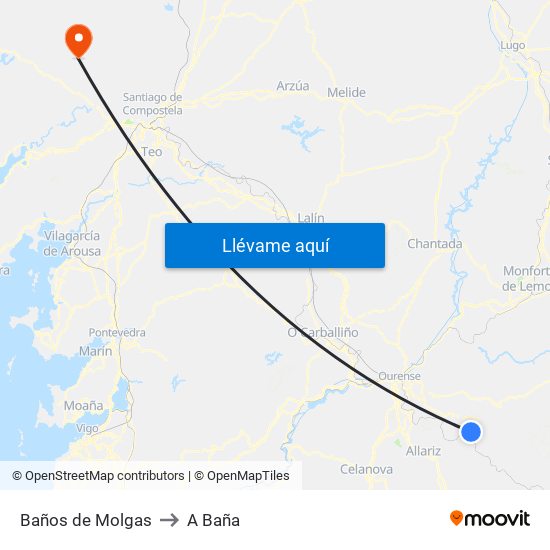Baños de Molgas to A Baña map