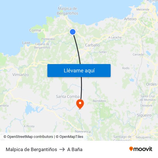 Malpica de Bergantiños to A Baña map