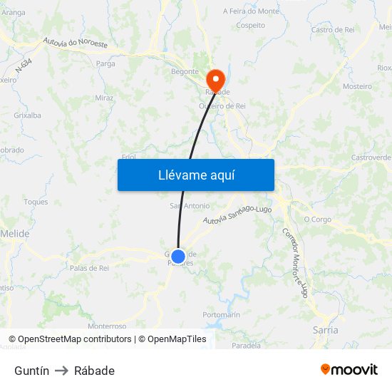 Guntín to Rábade map