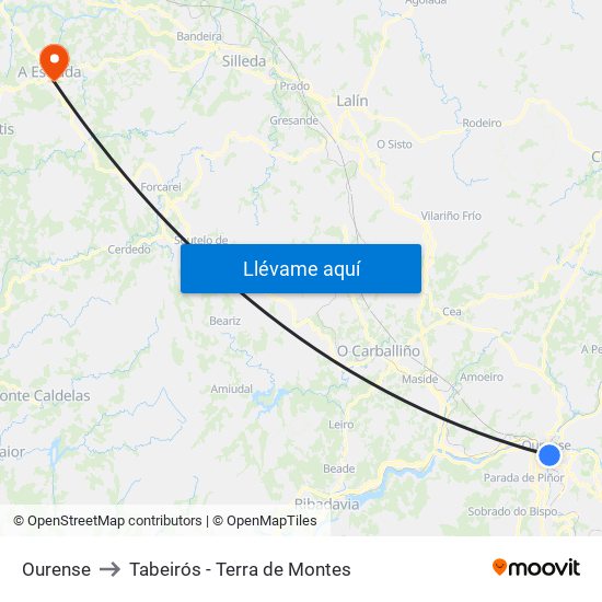 Ourense to Tabeirós - Terra de Montes map