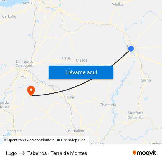 Lugo to Tabeirós - Terra de Montes map