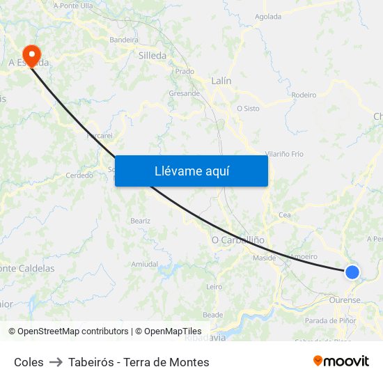 Coles to Tabeirós - Terra de Montes map