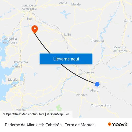Paderne de Allariz to Tabeirós - Terra de Montes map