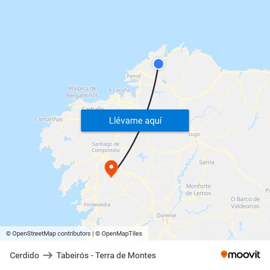 Cerdido to Tabeirós - Terra de Montes map