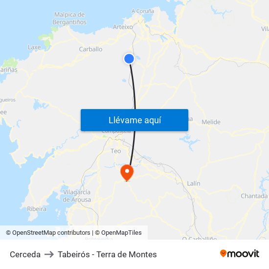 Cerceda to Tabeirós - Terra de Montes map