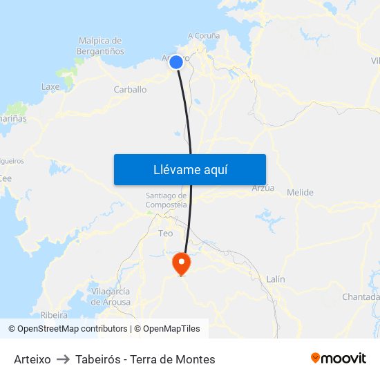 Arteixo to Tabeirós - Terra de Montes map